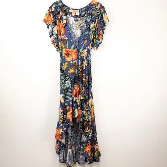 Bali Elf "Carmen" Wrap Dress Maxi Tropical Monkey Floral Print Blue Size XL New - Picture 3 of 7